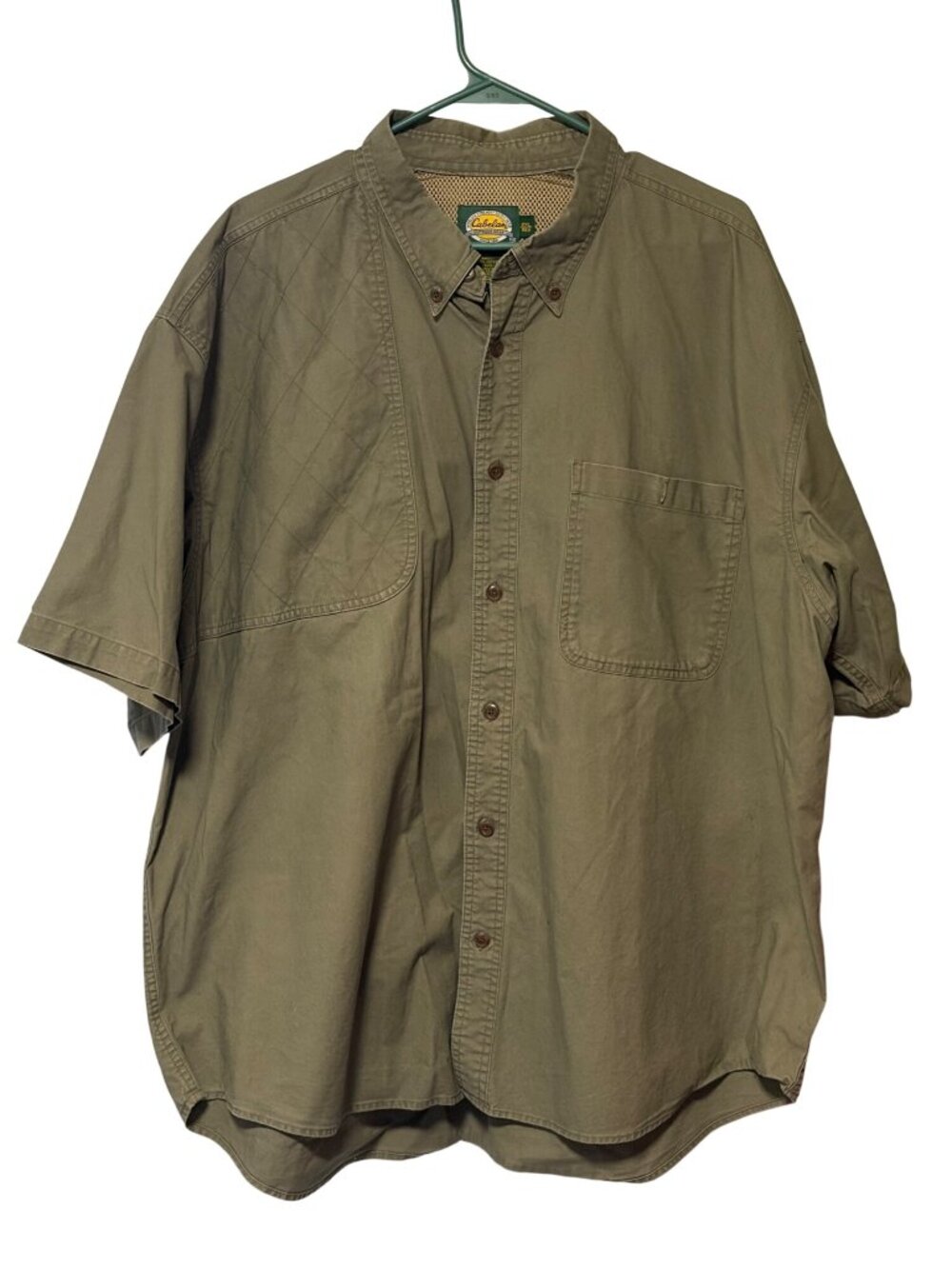 Cabelas Mens Size 2XL Vented Button Up Shirt Top Green Olive Army Short Sleeve S